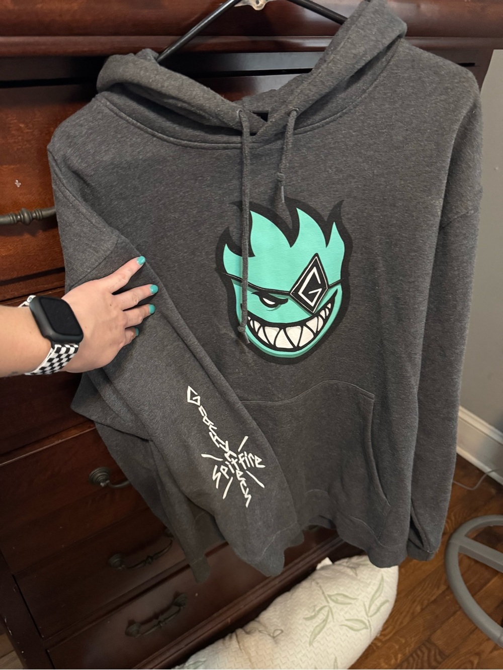 Diamond Supply Co. Gray Graphic Hoodie with Teal Flame Emblem - Men's Sweate